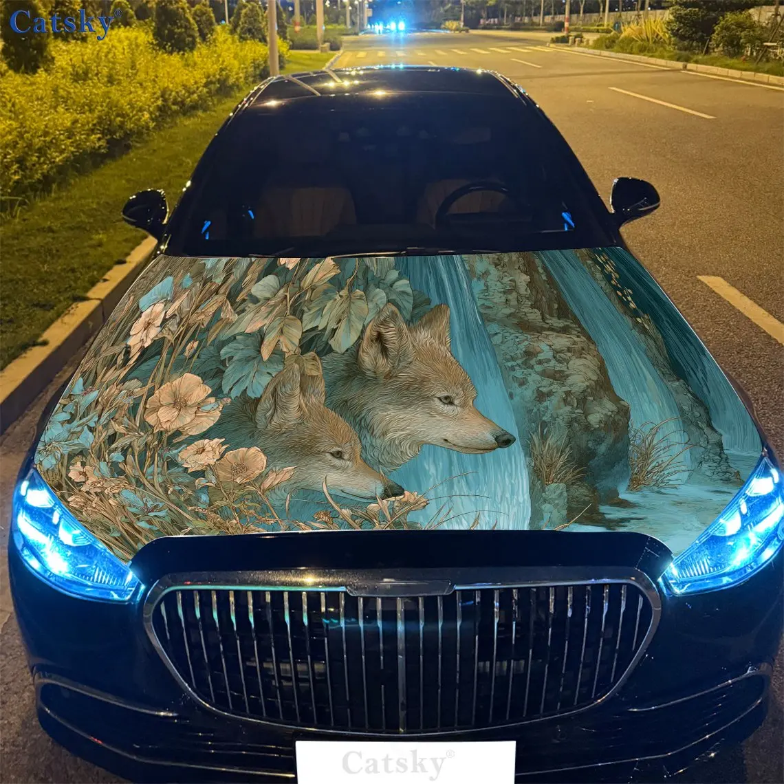 

Trendy Wolves and Trees - Waterfall Car Engine Hood Sticker, Auto Vinyl Wraps, Waterproof Self-adhesive Vehicle Decal, Durable &