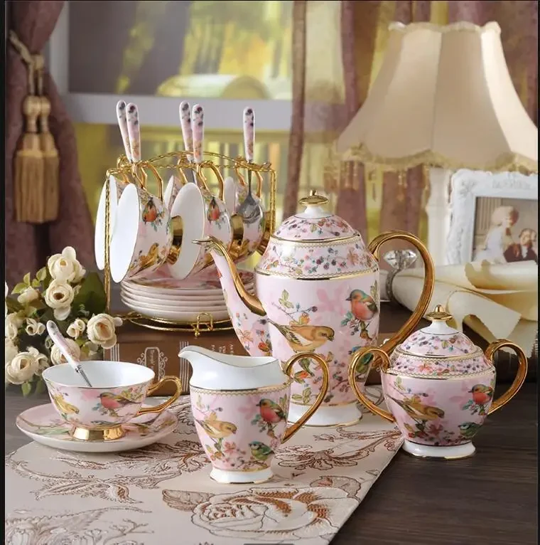 

Кофейный набор Pink Bird Bone China, фарфоровый чайный усовершенствованный керамический горшок, кружка, сахарная чаша, сливочник, чайник, кувшин для молока, чашка для набора чая