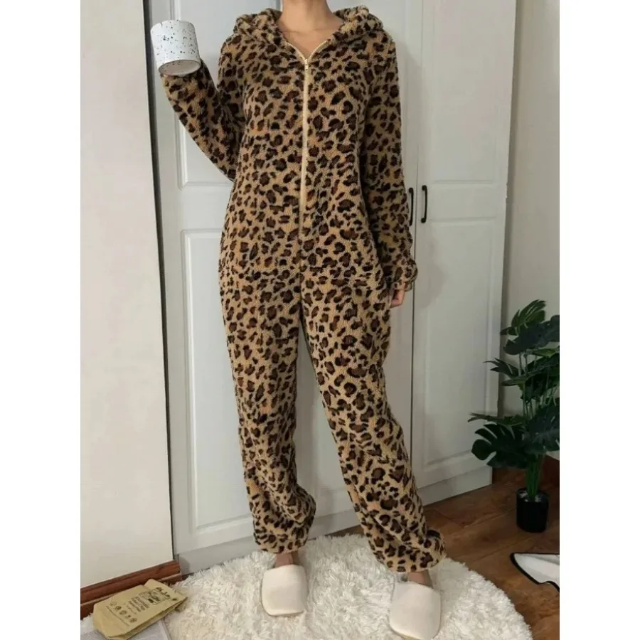 Piyama Onesies Lucu Wanita Musim Gugur Musim Dingin Pakaian Tidur Berkerudung Telinga Beruang Kartun Hangat Bulu Karang Pakaian Rumah Manis Anak Perempuan Piyama