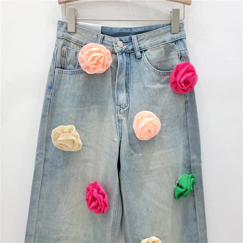 Colorful Flower Decoration High Waist Straight Jeans for Women 2024 Spring and Summer New Light Blue Loose Wide-Leg Pants Female