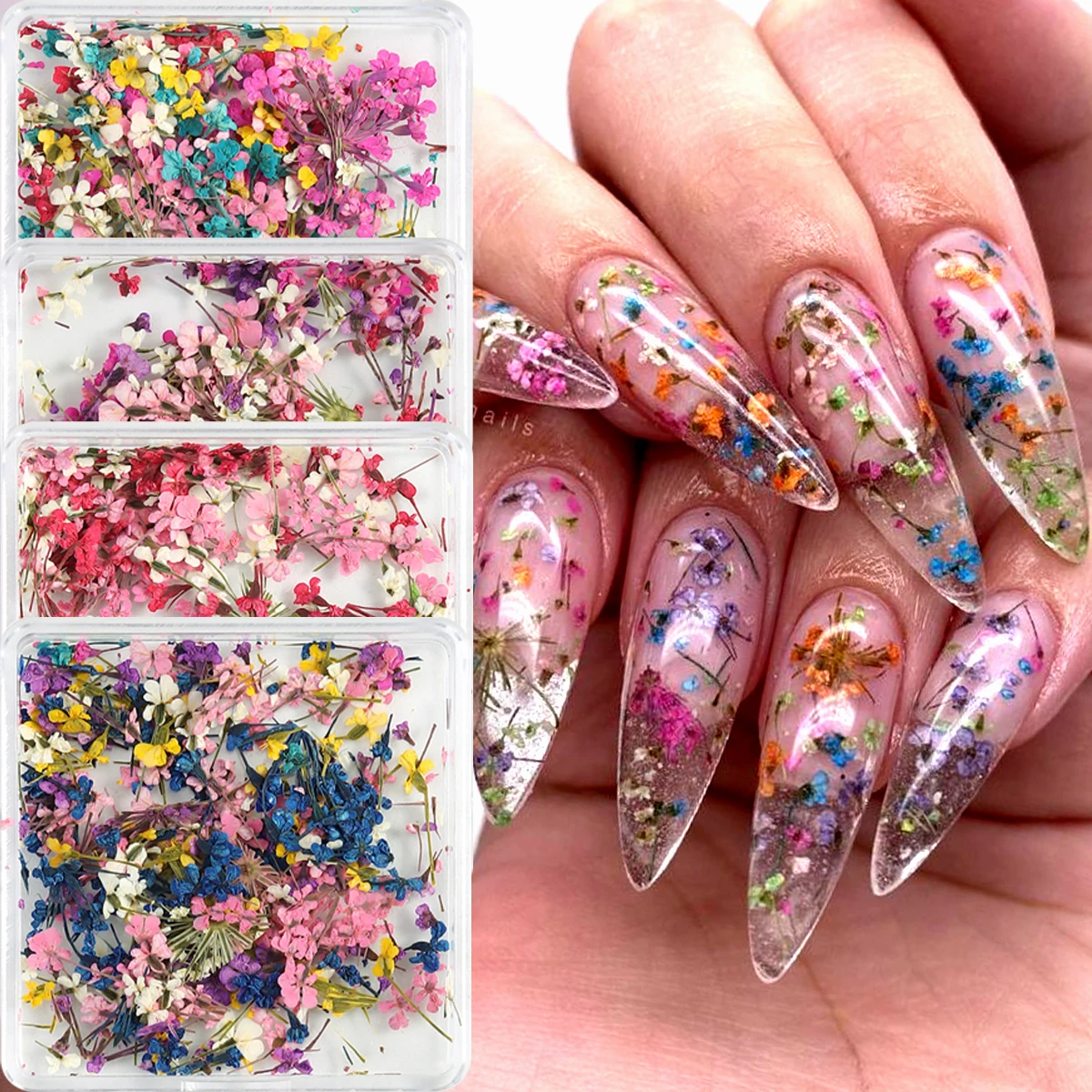 Gemischte Bunte Natürliche Blumen Nagelkunst-Charms Klein-Blau Gelb Rot Fünfblättrige Blume Natürliche Florale Maniküre-Accessoires – Detail 1