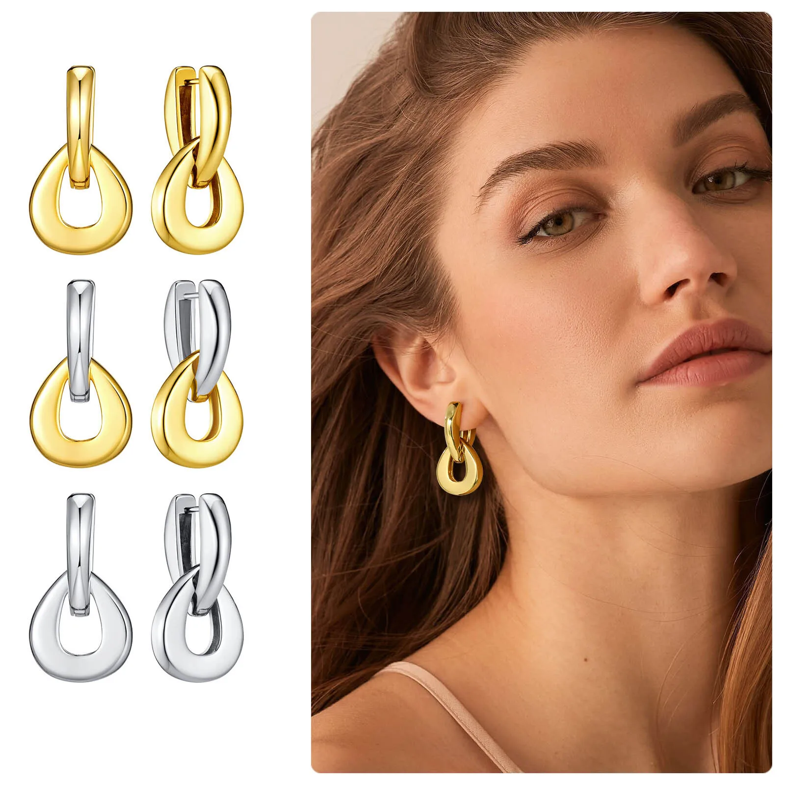 

Chunky Geometric Link Hanging Dangle Earrings For Women, Two-Tone Convertible Statement Waterdrop Shape Drop Earrings Gift