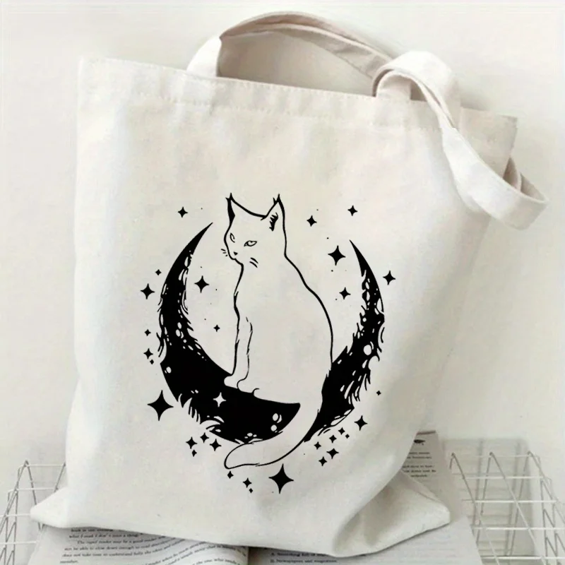 حقيبة كتف قماشية كلاسيكية على شكل قطة مخدر مع تصميم هاراجوكو هيب هوب، سفر مطبوع عليه زهور سوداء، أو استخدام غير رسمي