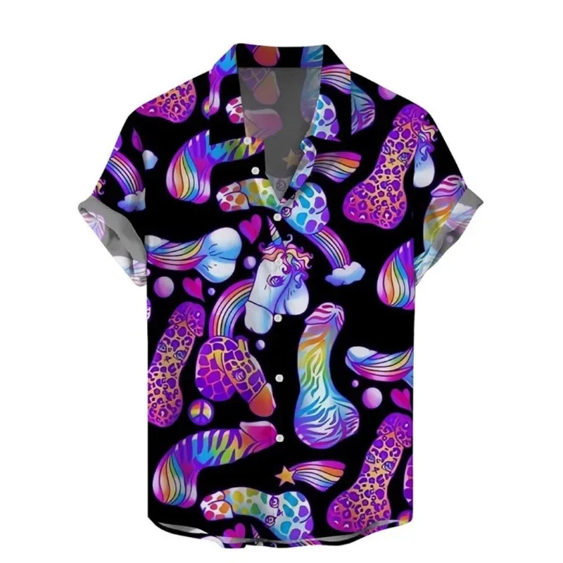 2026 Summer Mens Funny Graffiti Abstract Hawaiian Shirt Short Sleeve Oversized Beach Party Camisa Havaiana Divertida