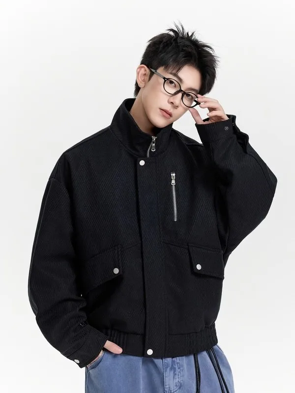 

Men's Loose Fit Pilot Jacket Spring Autumn Zipper Closure Retro Collar Casual Workwear Outerwear for Couples Youth Fashion