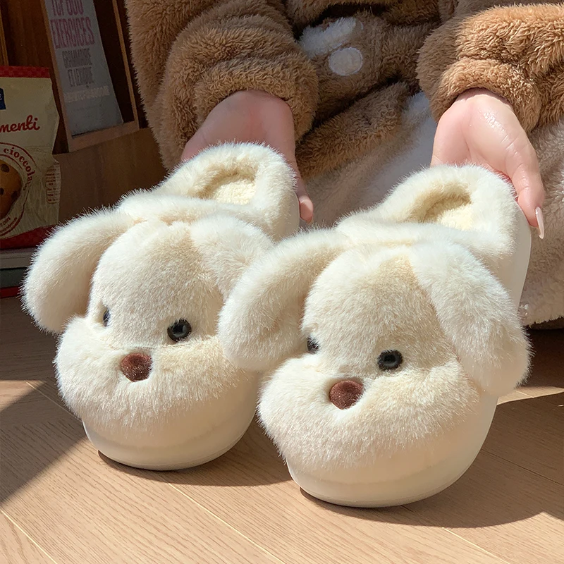 Cartoon Puppy Furry Cute Indoor Slippers Women 2025 Winter Fluffy Fur Non Slip Children's Home Slippers Warm Plush Slides Unisex