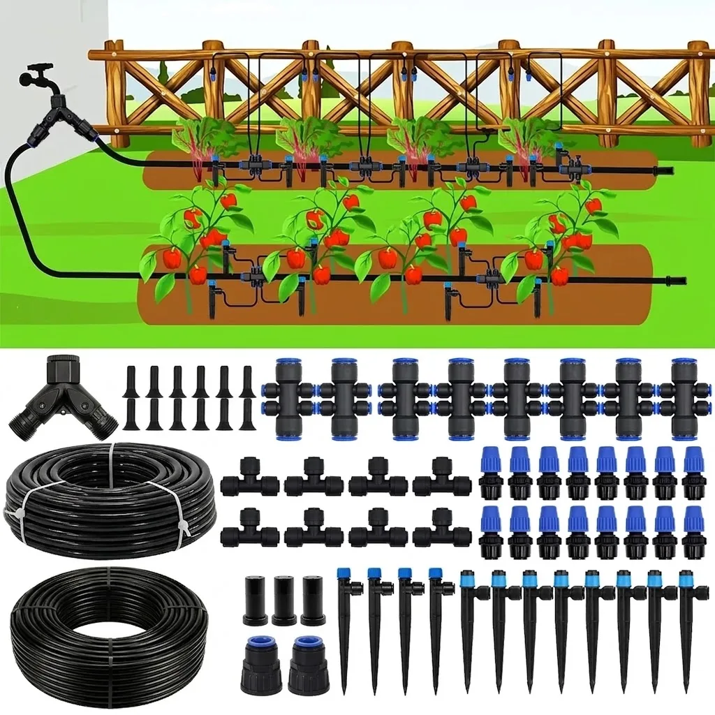 Garden Watering Quick Connect Drip Irrigation System Kit Automatic with 1/4 and 1/2 Inch Tubing Adjustable Nozzles and Sprinkler