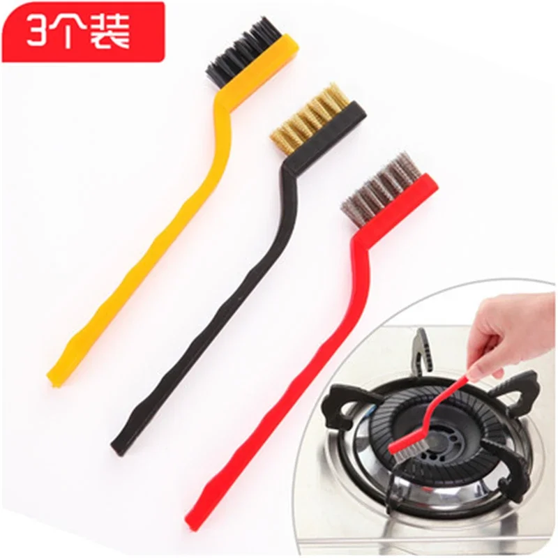 9242 wholesale gas burner cleaning brush 3pcs/set iron pot kitchen cleaning tools fiber metal cleaning brush