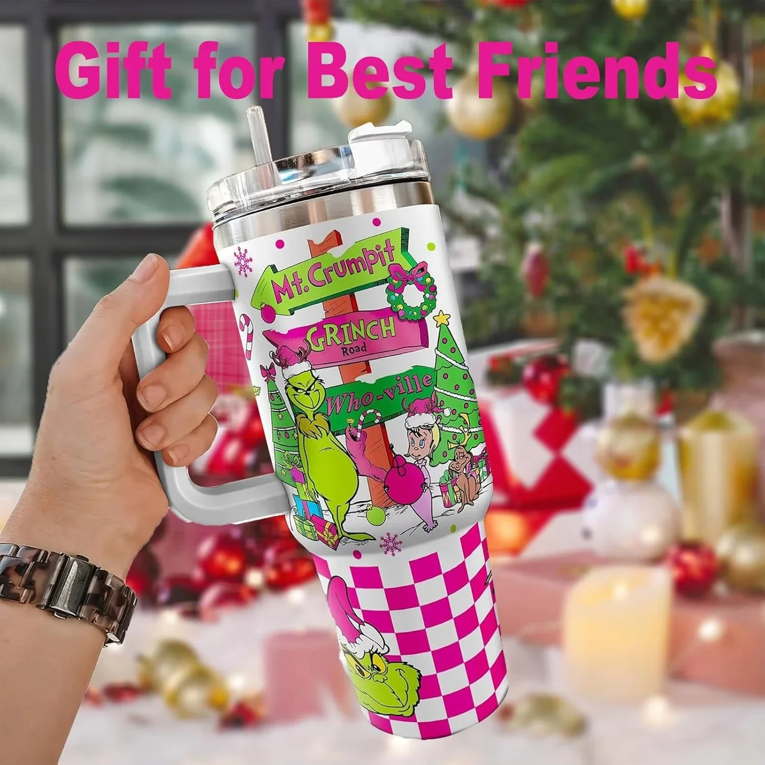 40oz Christmas Grinch Ice Bullion Cup Double stainless steel car cup Large capacity outdoor sports thermos cup Car handle cup