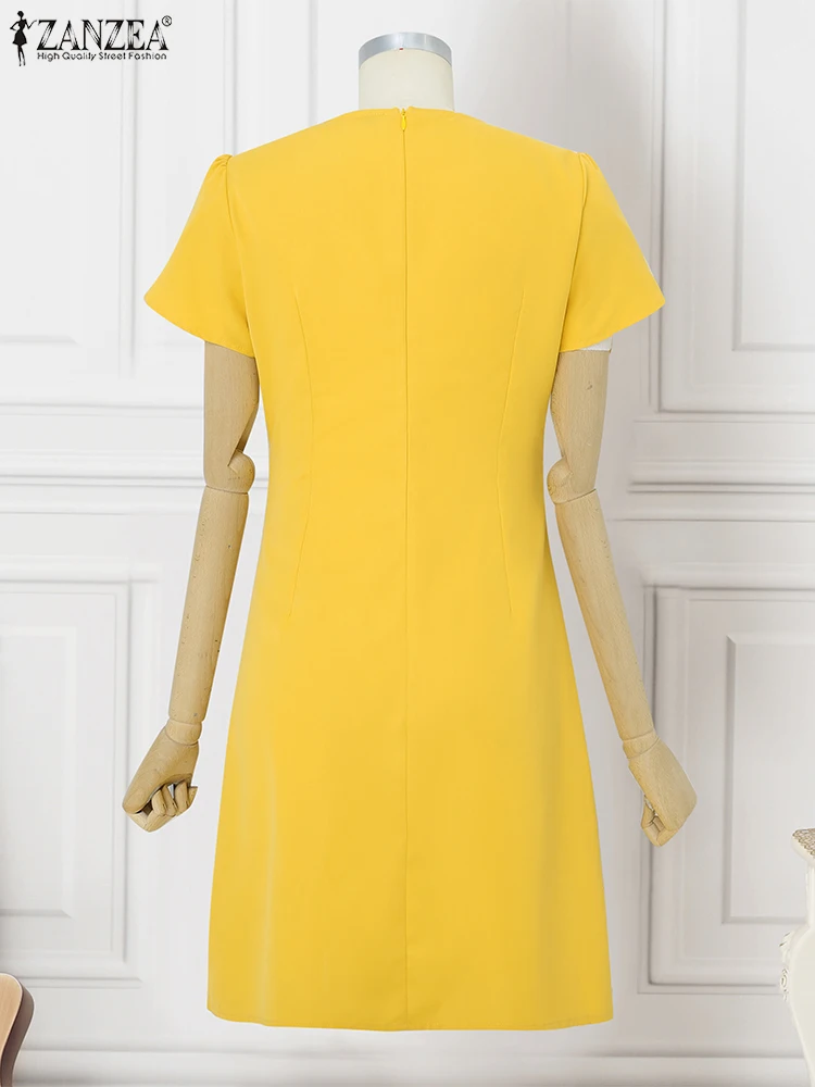 ZANZEA 2025 Summer Dress Women Elegant Short Sleeve Waisted Party Sundress Solid Work OL A-line Dresses Stylish Knee-length Robe