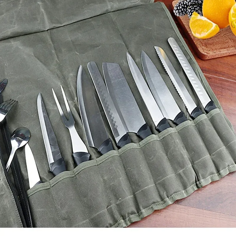 Portable Chef's Knife Bag - Durable Canvas Professional Kitchen Sharp Blade Japanese Storage Pocket Rollable Outdoor Storage Bag