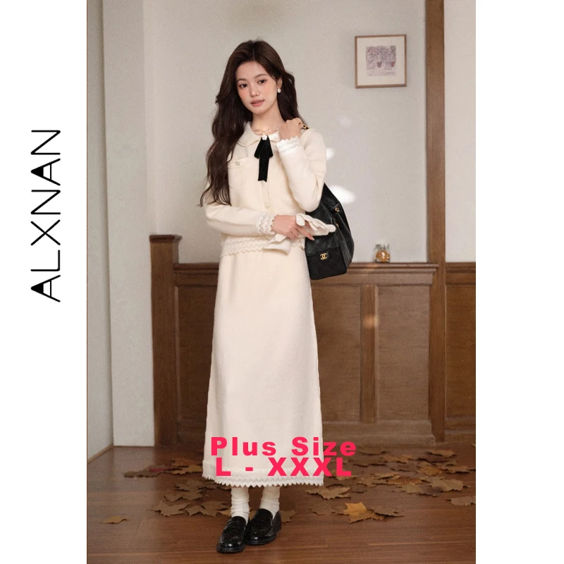 ALXNAN Plus Size Knit Cardigan Women Autumn Winter Warm Elegant Sweater Fashion Casual Bow Pearl Flower Buttons Tops D663083