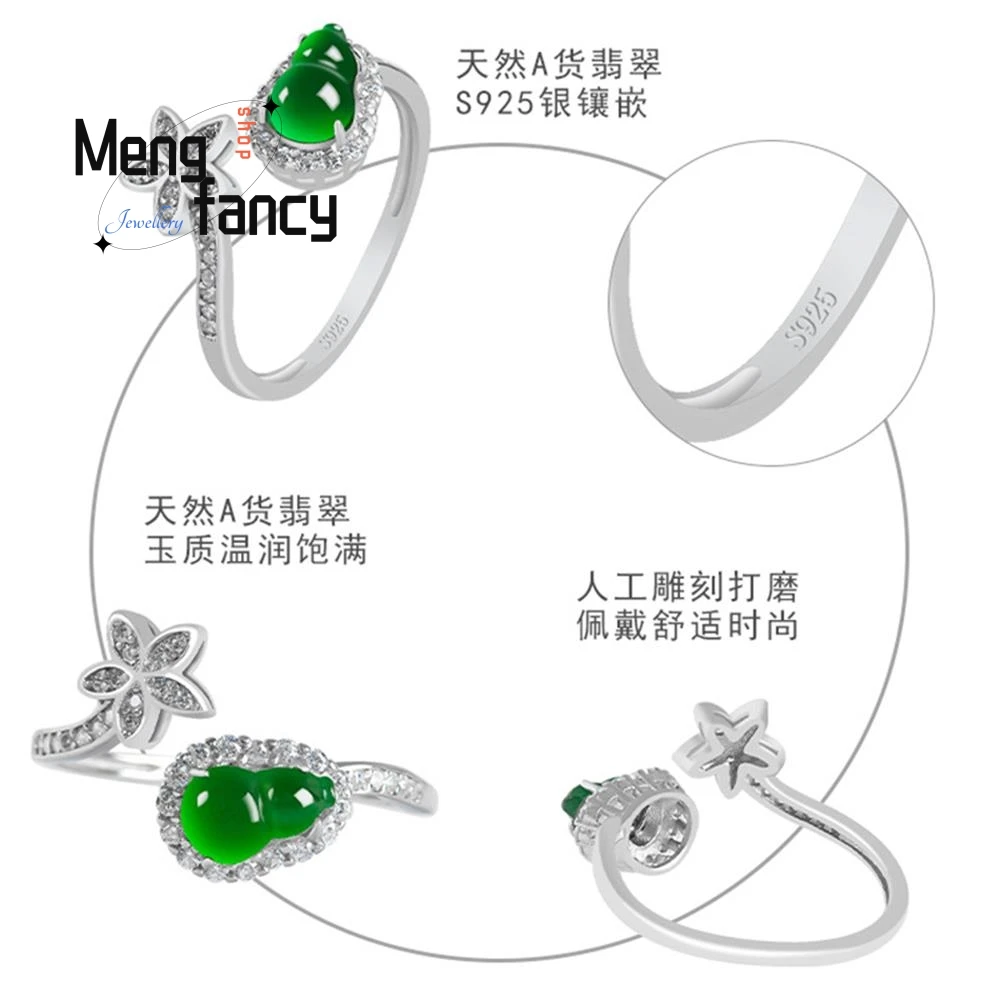 S925 Silver Inlaid Natural A-goods Jadeite Gourd Sunny Green Ice Jade Ring Adjustable Exquisite Elegant Fashion Luxury Jewelry