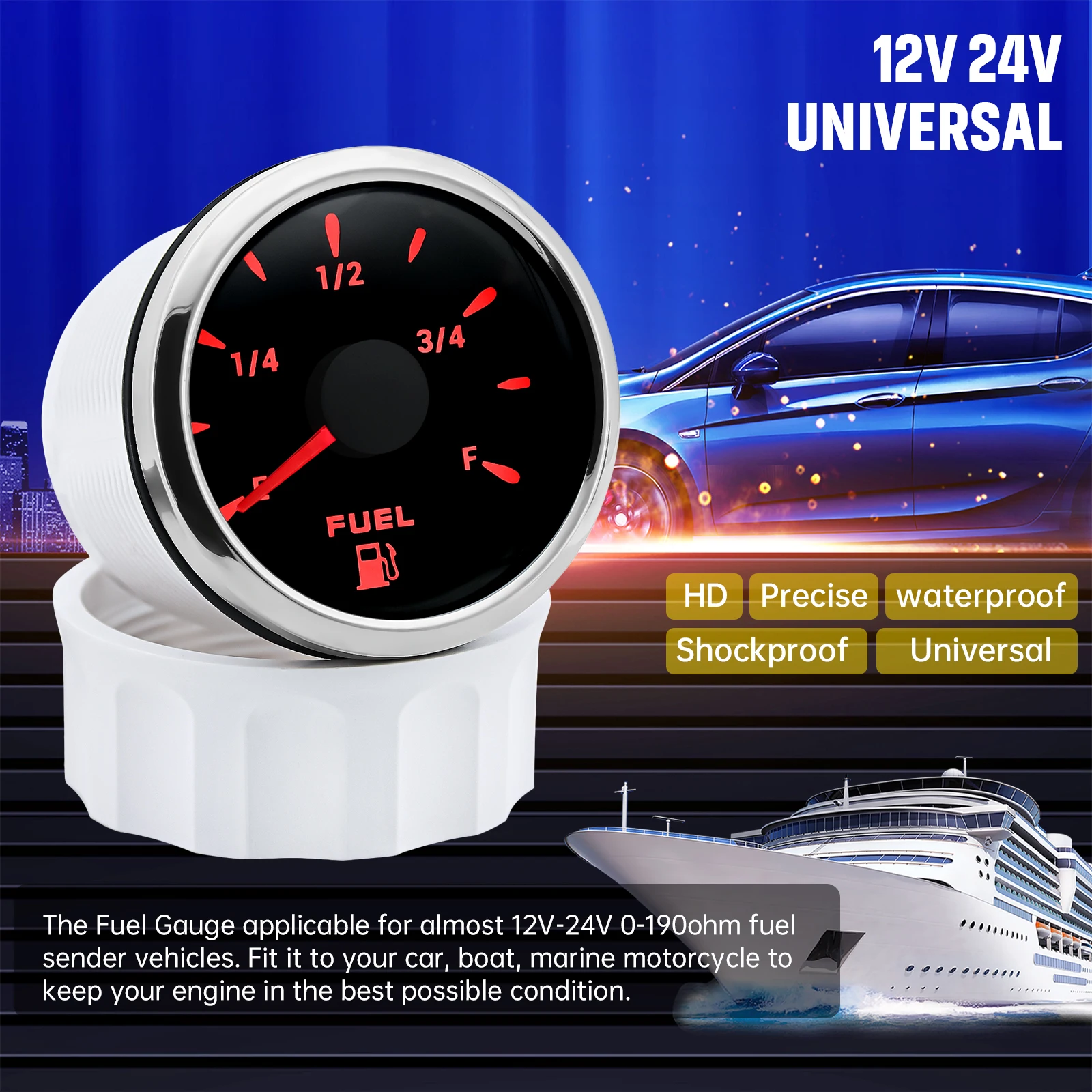 0-190 Ohm Fuel Level Gauge 52mm Car Gauge with Fuel Level Sensor 100mm-550mm 7 Colors Backlight for Marine Boat