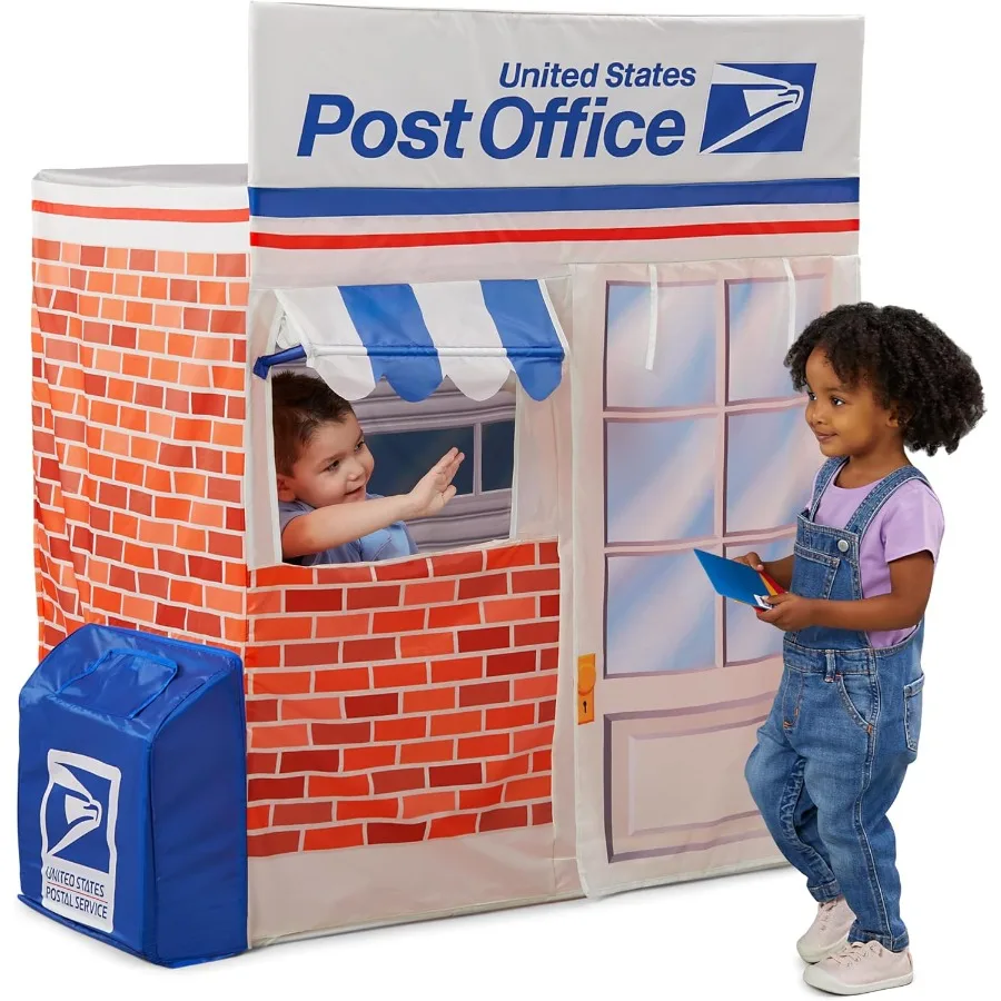 키드 트랙스 USPS 플레이 텐트 (텐트 하우스용), 앞뒤 개방형 대형 우편함, 휴대용 케이스 포함 우편 트럭