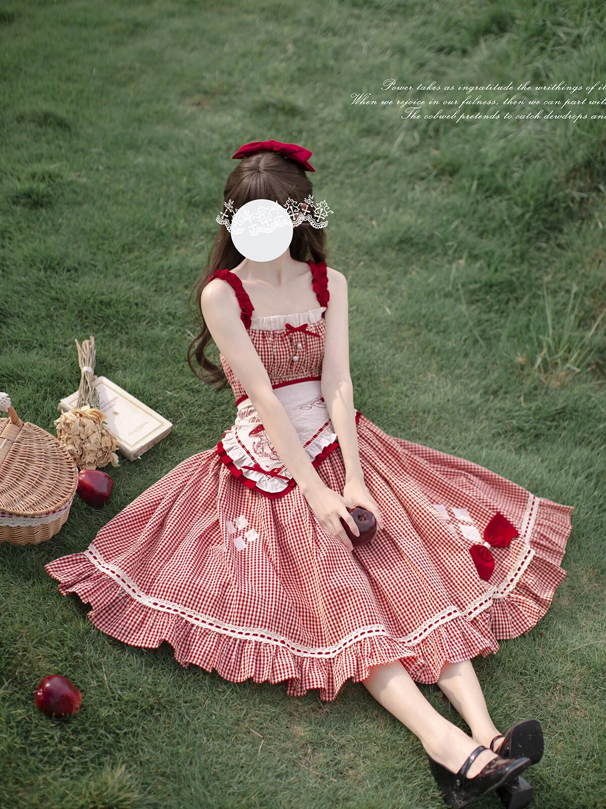 Sweet And Energetic Red Checkered Vest Skirt With Dotted Bubble Sleeves Shirt Sleeveless Lolita Kawaii Girl Tea Party Princess