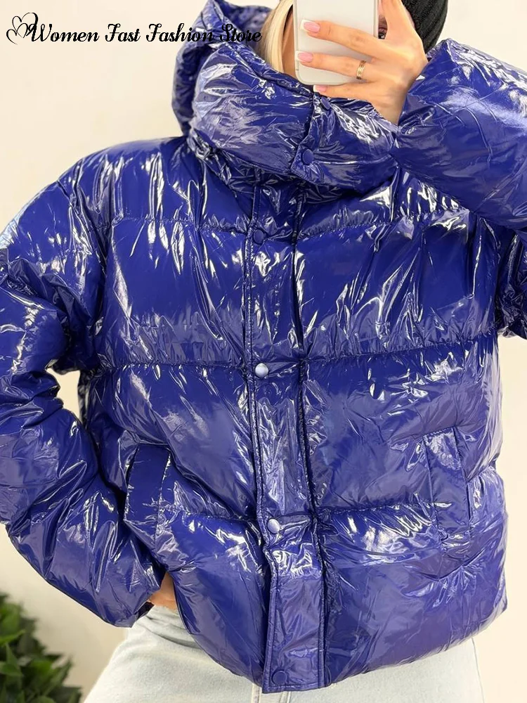 Glossy Zipper Hooded Cotton Coats Women's Warm Solid Pockets Buttons Quilted Jacket 2026 Winter New Female High Street Outwear