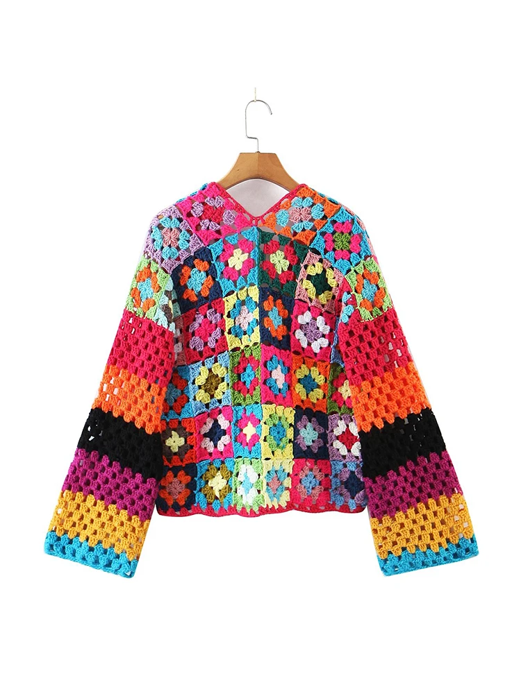 YENKYE New Fall Women Multicolor Plaid Flower Hand Made Crochet Cardigan Coat Single Button Female Boho Crop Sweater Outerwear