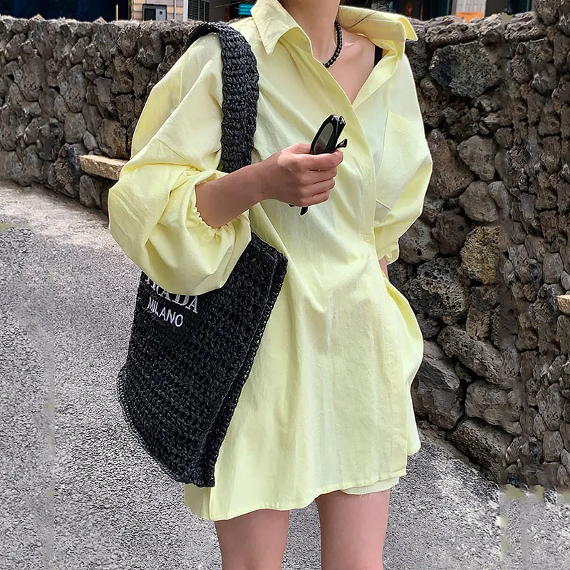 

Chic Long Sve irt High Waist Wide Leg ort Set Button Design Side Tie White Enhancing Gentle Yellow Faionable Women's...