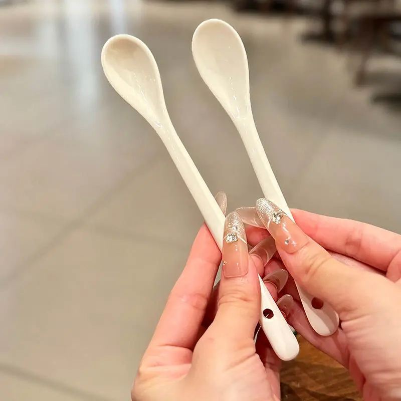 Cuchara de Cerámica Blanca para Café, Cuchara para Sazonar con Mango Largo, Estilo Tradicional Chino para Uso Doméstico