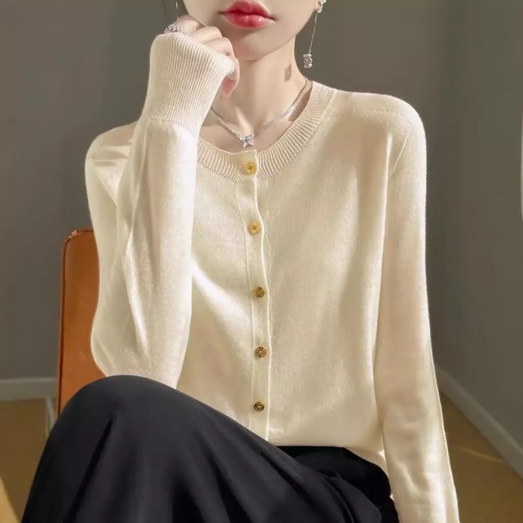 

Женский вязаный кардиган первого линии с круглым вырезом, тонкая камвольная шерсть, бесшовная верхняя одежда с кондиционером, весна-лето