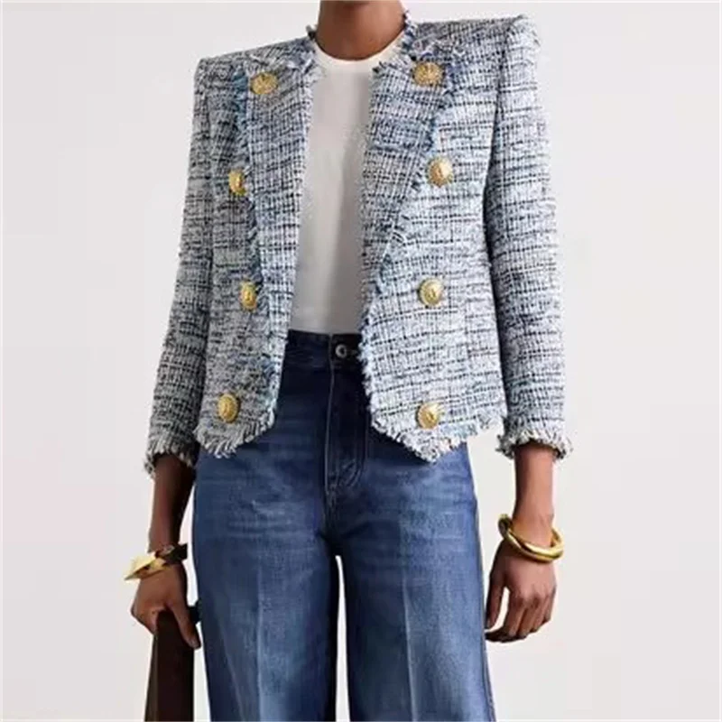 Women's jackets New blue and white woven tassel Women's coat for spring 2025 Double breasted slim fit women's long sleeved top