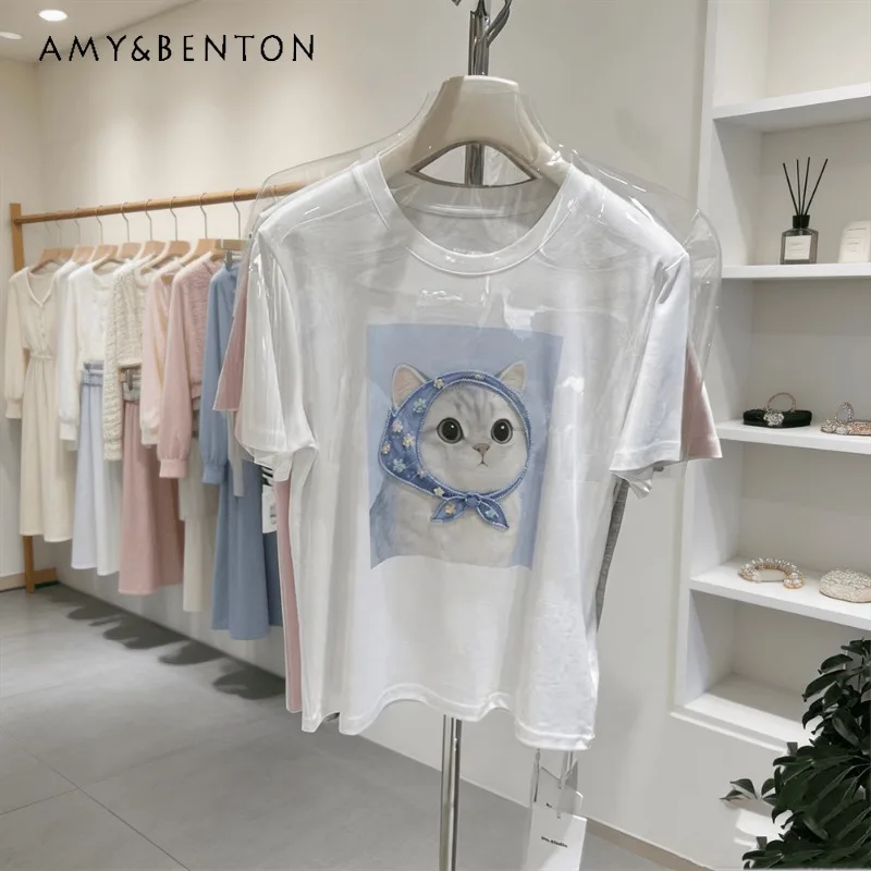 

Sweet And Cute Cartoon Cat T-shirts For Women's 2026 Summer New Style High-End Loose Slimming Bottoming Shirt Top Kawaii Clothes
