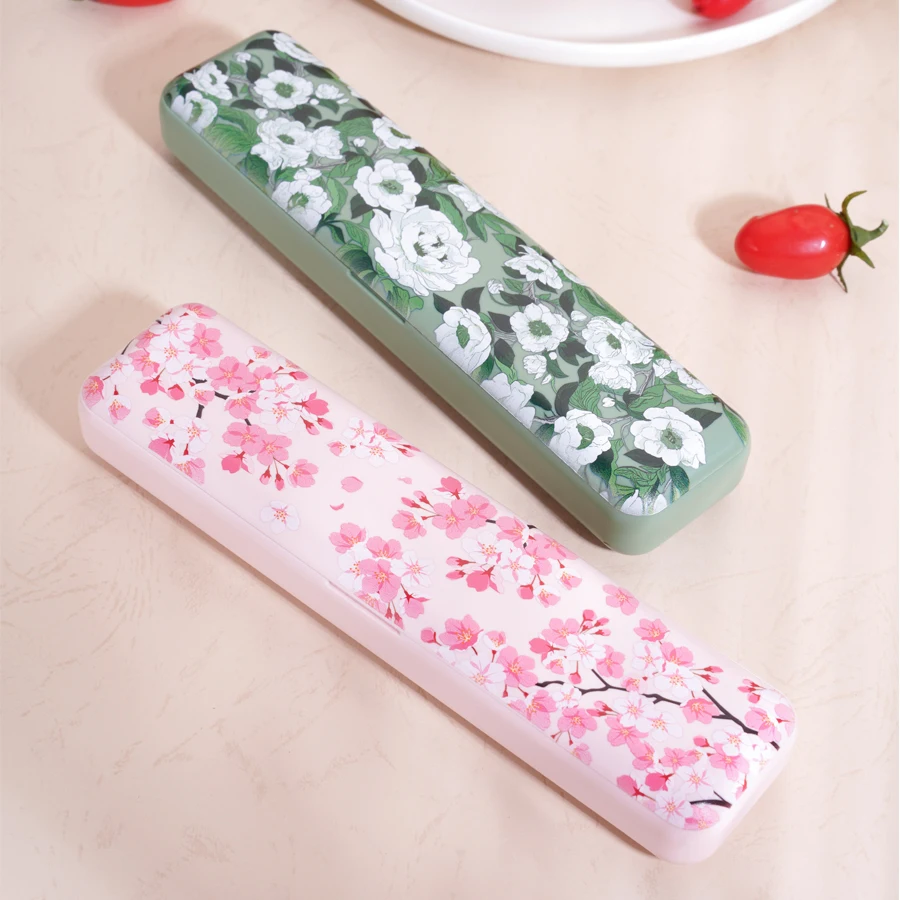 304 Stainless Steel Portable Cutlery Set Japanese Style Dinnerware Fork Spoon Chopsticks Set Magnetic Box With Cherry Pattern view 2