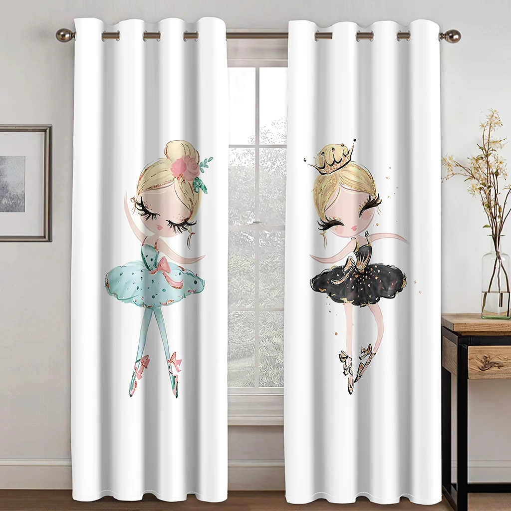 3D Cartoon Unicorn Curtain Dancing Girl Curtain Black and White Swan Curtain 2 Panel Living Room Bedroom Children's Room Decor