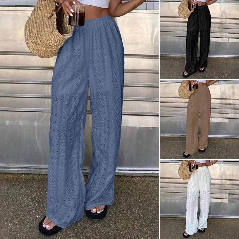 

Fashion Holiday Loose Straight Long Pants Embroidered Hollow Spring Summer Pants Casual Elastic Waist Solid Color Women's Pants