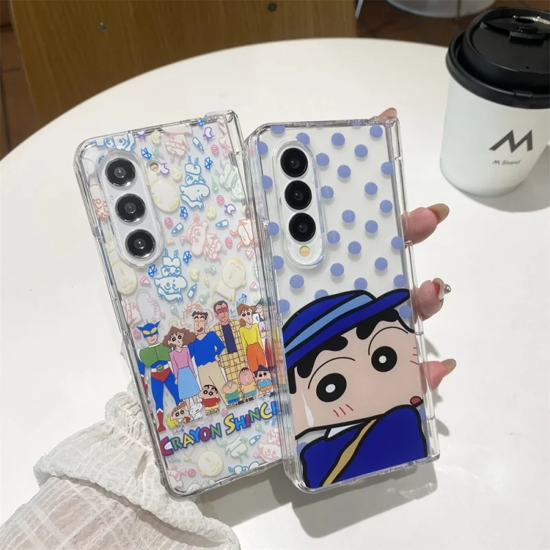

3D Anime cartoon Crayon Shin-chan Cute Blue Polka Dots Phone Case For Samsung ZFold 3 4 5 6 7 Shin-chan Folding protect Cover