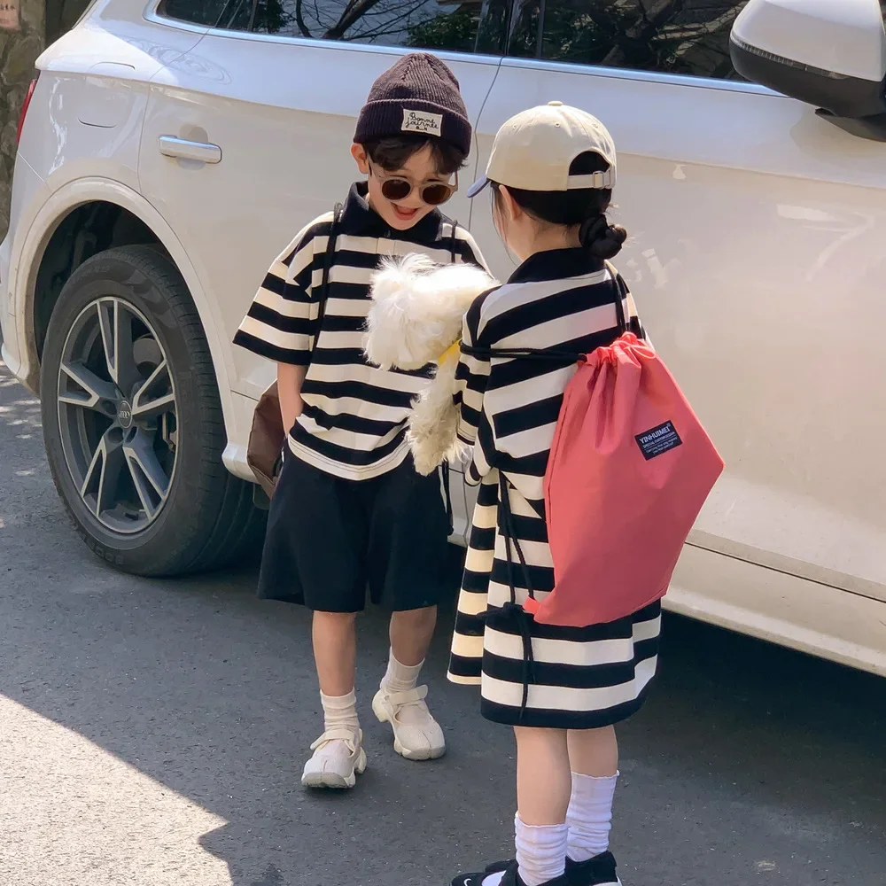2026 Summer Sibling Matching Outfits Kids Striped Polo Shirt Set Boy Short Sleeve Top + Shorts Girl Polo Dress Casual Loose