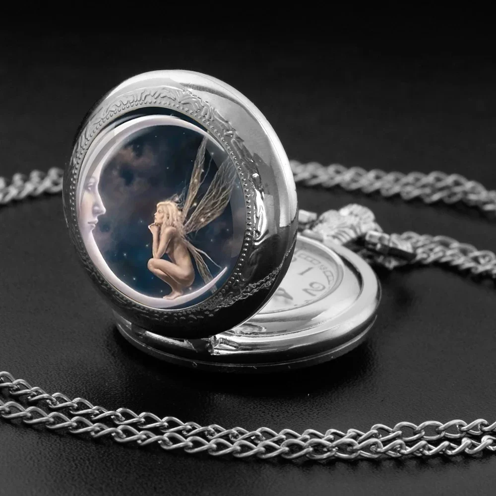 New Arrival Moon Angel Girl Pattern Pocket Watch Necklace Chain Pendant Necklace Quartz Watch Women Clock Jewelry Chain Gift