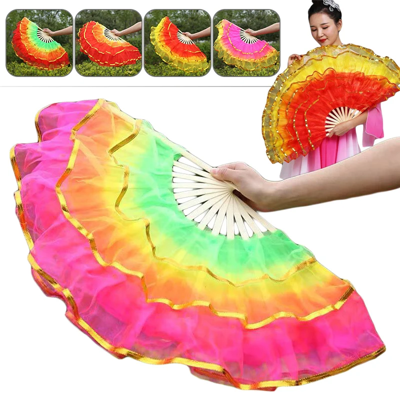 

3/4/5/6 Layers Large Silk Flower Dancing Hand Fan Foldable Handmade Chinese Fan Dancing Club Stage Performance Props Decor