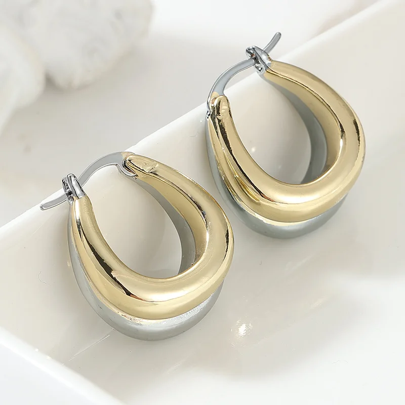 Fashion Chunky French Hoop Earrings For Woman Classic Two Tone Circle Earrings Wedding Banquet Temperament Jewelry