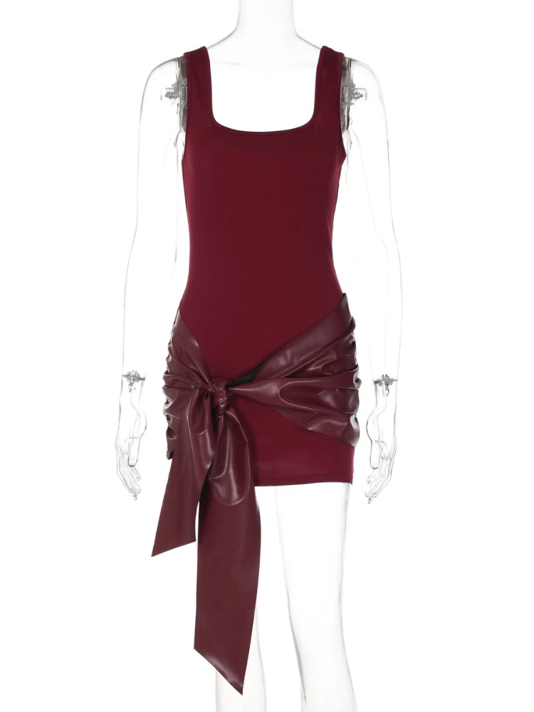 Ropa de mujer sin mangas vendaje vestido de fiesta Club señora Chic sin espalda PU cuero Patchwork vestidos cortos de cóctel negro vino rojo