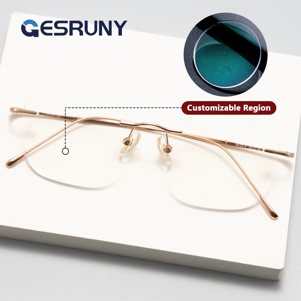 

Gesruny Classic Rimless Eyeglasses Anti Blue Light Customizable Prescription Progressive Photochromic Myopia Glasses Men Women