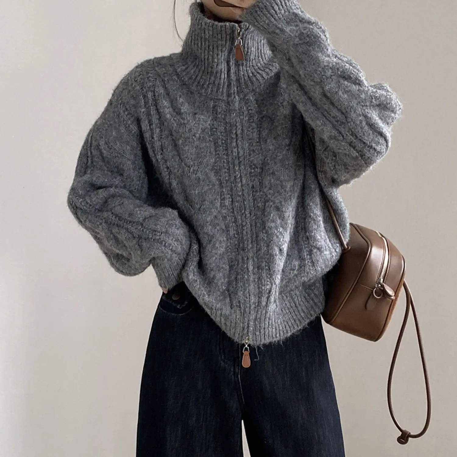 2026 Autumn Winter New Chic Double Zipper Cardigan Women Retro Loose Lapel Knitted Twist Sweater New Casual Versatile Clothing