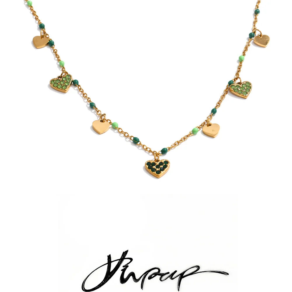 Yhpup Mehrfarbige Edelstahl-Halskette mit Strass-Herzanhänger für Damen, 18K PVD-beschichtet, Trendiger Exquisiter Schmuck