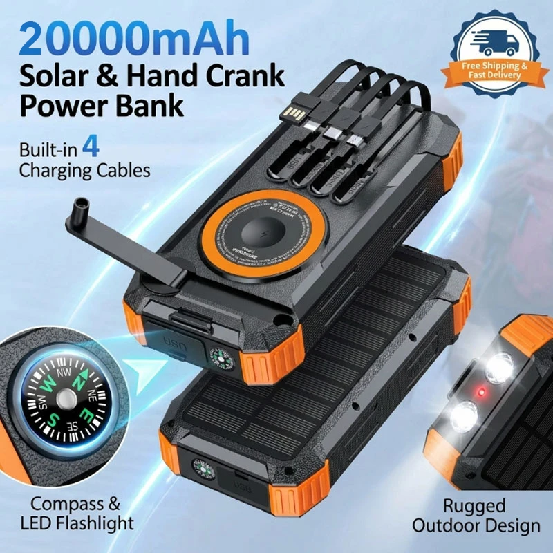 

Portable Solar Charger Power Bank with 4 Built-in Cables,Hand Crank,Wireless Charging & LED Light for Outdoor Emergency