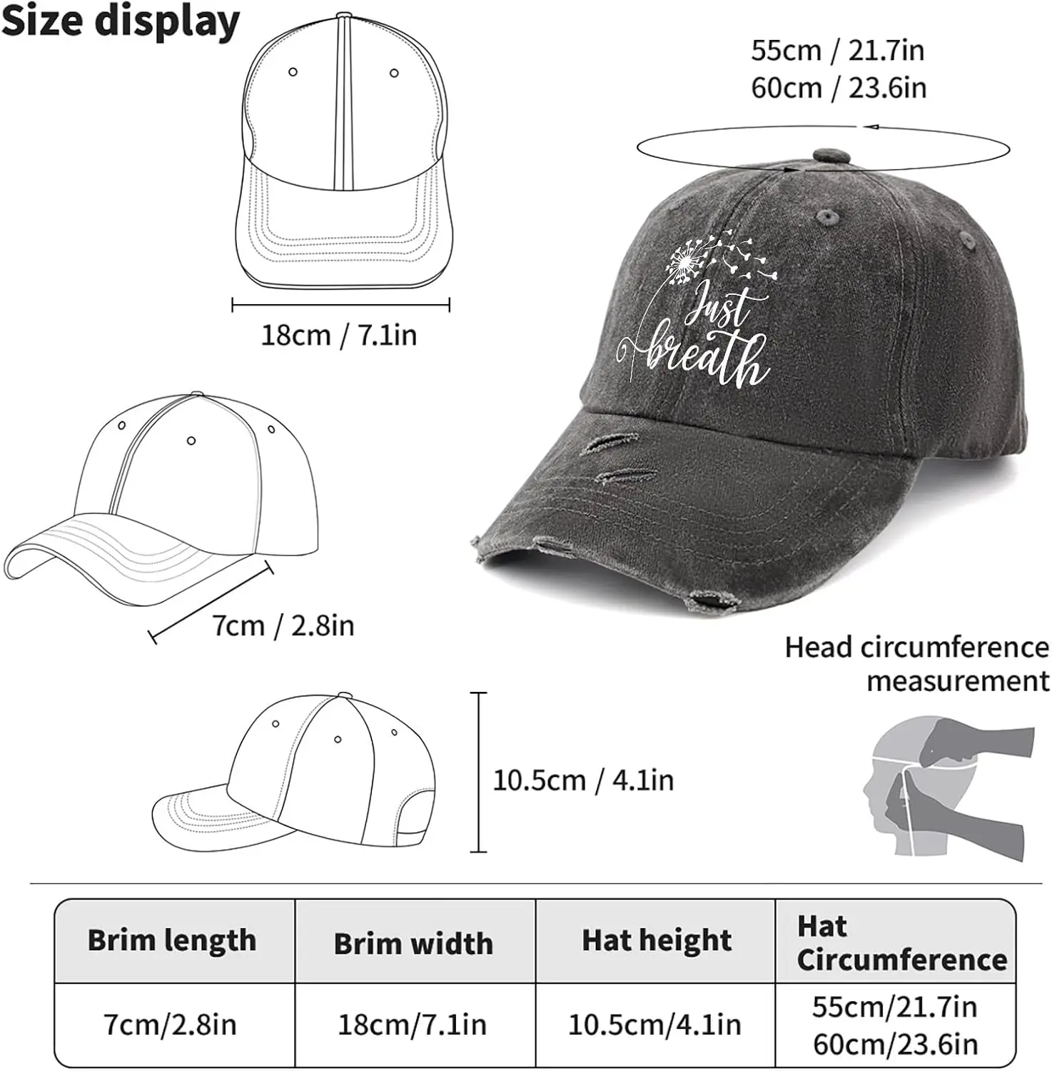 قبعة Dandelion Just Breath للنساء قبعة بيسبول جمالية مغسولة