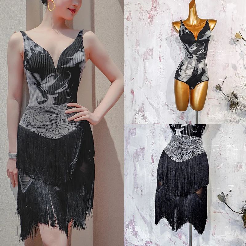 

Latin Dance Costumes Competition Tassels Suit Women Print V-neck Jumpsuit Fringe Skirt Dance Performance Clothes Wear DN21108