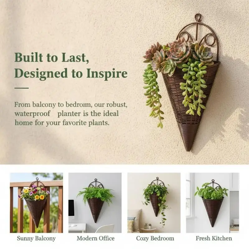 Brown Wall Hanging Cone Planters Imitation Rattan Weave Vintage Style for Homestay Cafe Wall Green Plant Decor