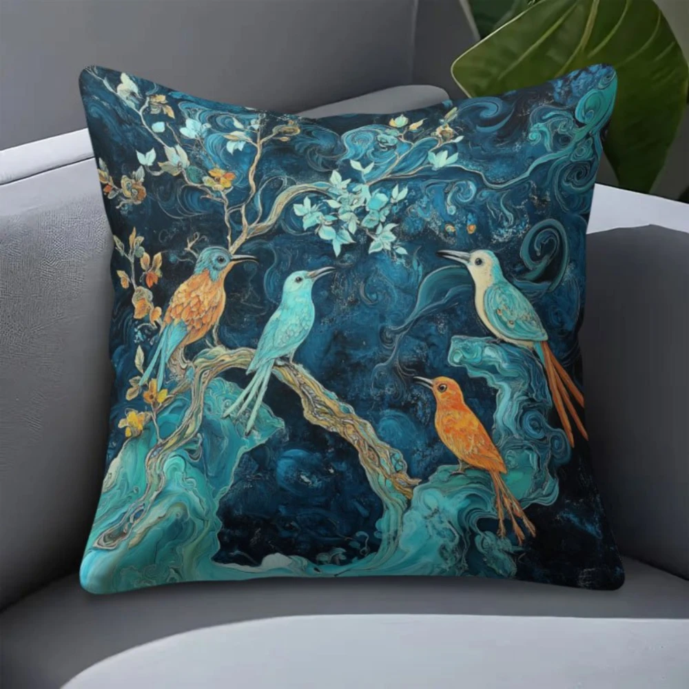1PC Throw Pillow Cover,Kingfisher Bird Floral Print,Watercolor Botanical Style,For Sofa Bedroom Couch Home Decor