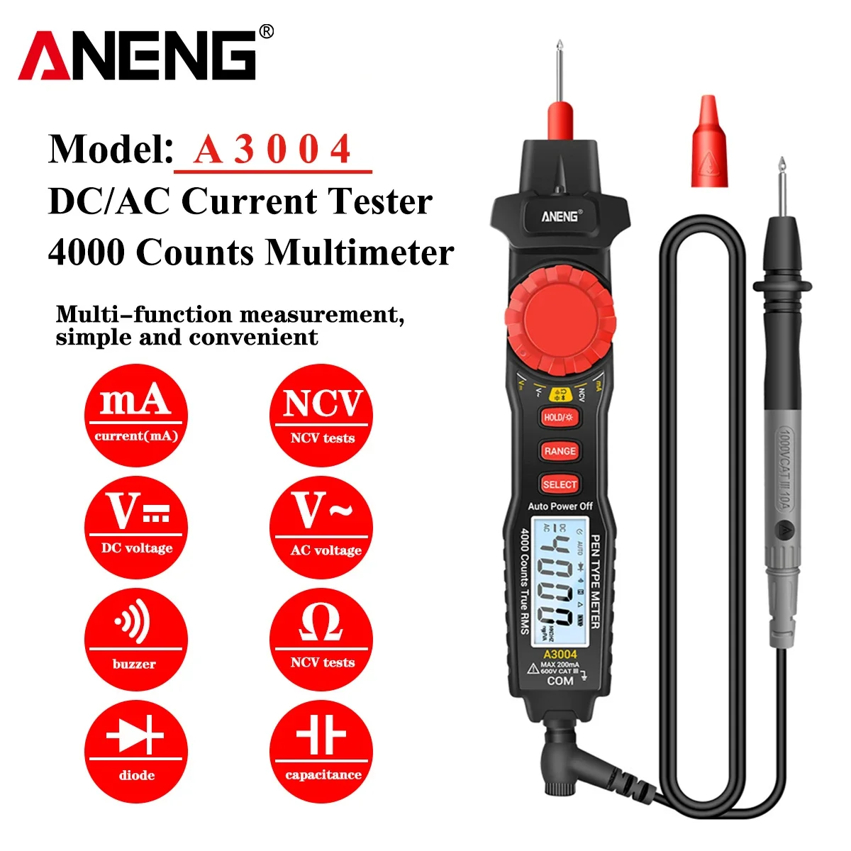 ANENG A3004 multímetro Digital pluma 4000 recuentos medidor de corriente CA/CC probador eléctrico de mano herramientas profesionales de resistencia de voltaje