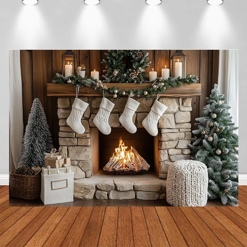 LS Christmas Backdrop Fireplace Stocking Candy Xmas Tree Snow Window Winter Portrait Holiday Party Photography Backgrounds