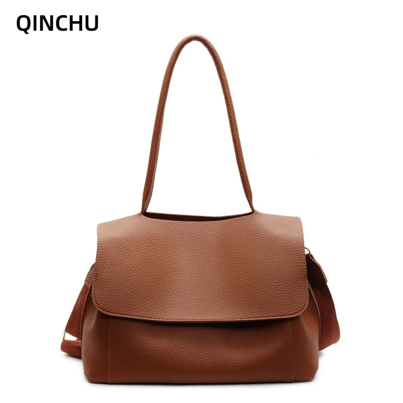 

QINCHU Retro Style Large Capacity Women's Shoulder Bag New Soft Leather Texture Wide Strap Crossbody Bag