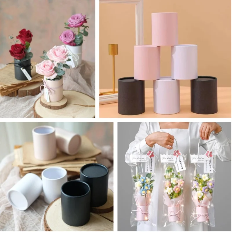 12pcs Mini Flower Bucket Single Flower Round Box DIY Paperboard Art Vase Hug Bucket Desktop Living Room Decoration Ornaments