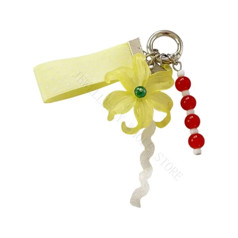 R7UF Flower Bag Charm Keychain with Metal Ring and Translucent Floral Accent, Giftable Decorative Detail for Everyday Carry