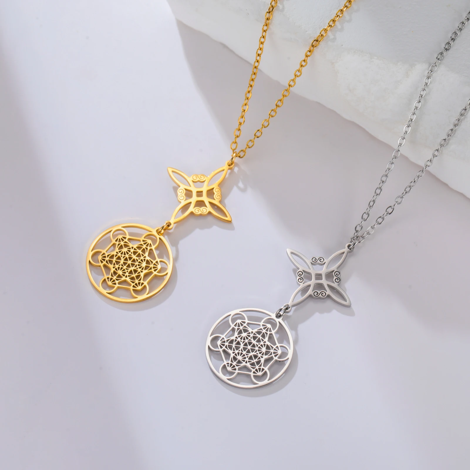 Cazador-collar con colgante de cubo de metatrón y Nudo de bruja de acero inoxidable para mujer, joyería, collares de amuleto, regalo al por mayor
